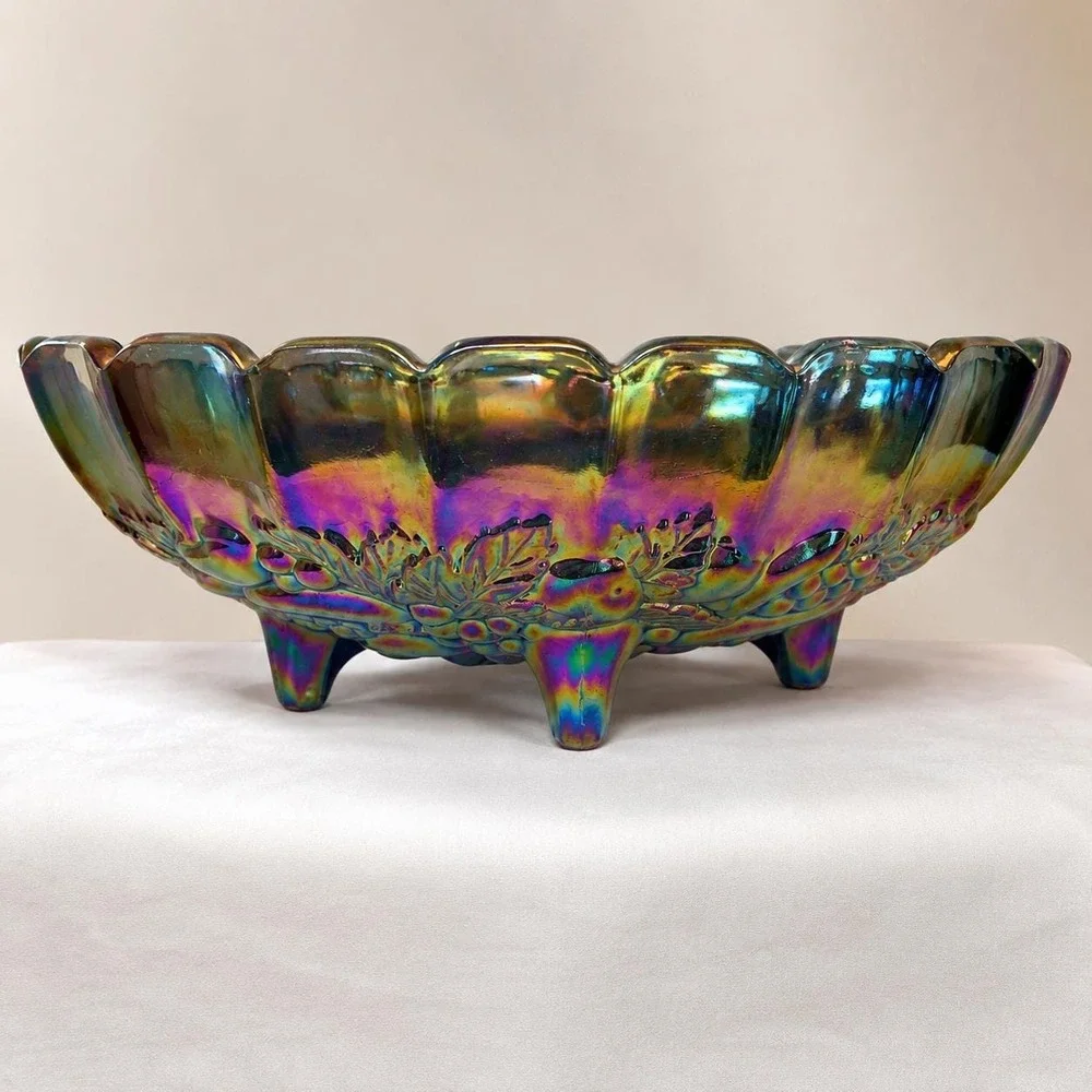 Vintage Carnival Glass Blue Iridescent Footed Fruit Bowl Harvest Pattern 12